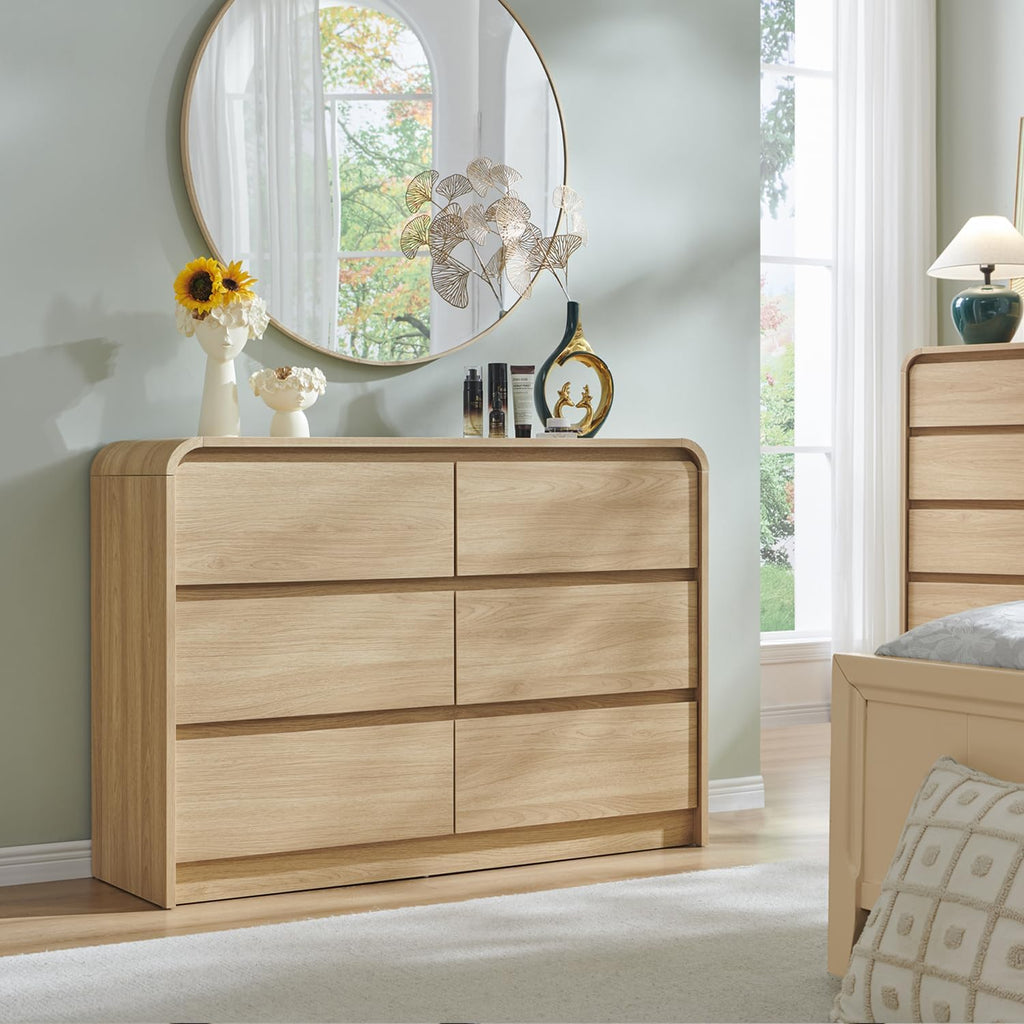 Aitjunz Modern 6 Drawers Dresser for Bedroom, 47' Wide Wood Dressers & Chests of Drawers w/Curved Profile Design, Mid Century Modern Dresser w/Natural Texture for Bedroom, Living Room, Natural Oak