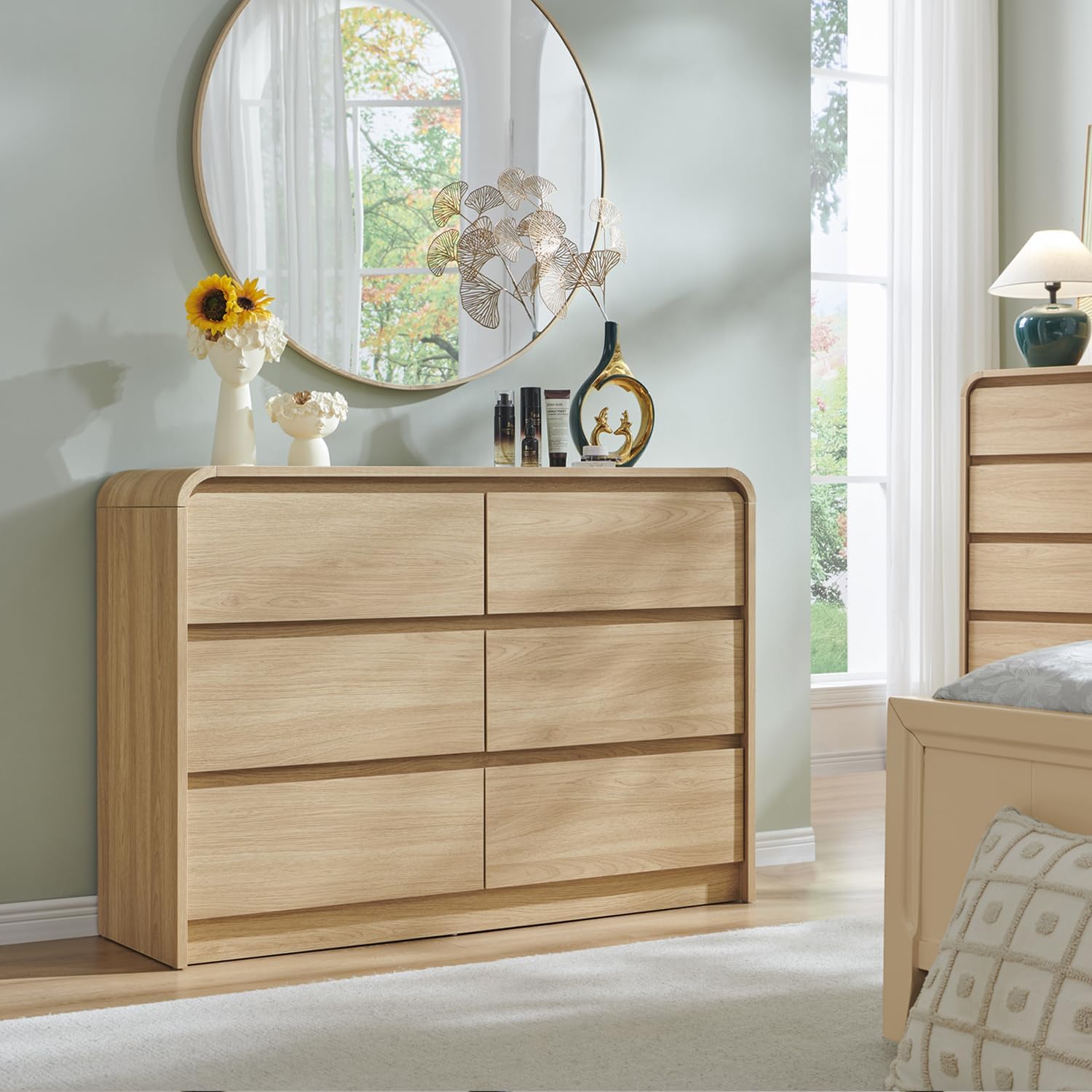 Aitjunz Modern 6 Drawers Dresser for Bedroom, 47' Wide Wood Dressers & Chests of Drawers w/Curved Profile Design, Mid Century Modern Dresser w/Natural Texture for Bedroom, Living Room, Natural Oak