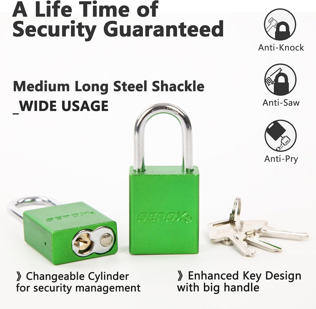 SEPOX® 24-Pack Green Padlocks, Keyed Different | Lightweight spark-proof aluminum, Long Shackle. 72 brass keys. High-security for LOTO, fence, locker, yard & lockout. Green.