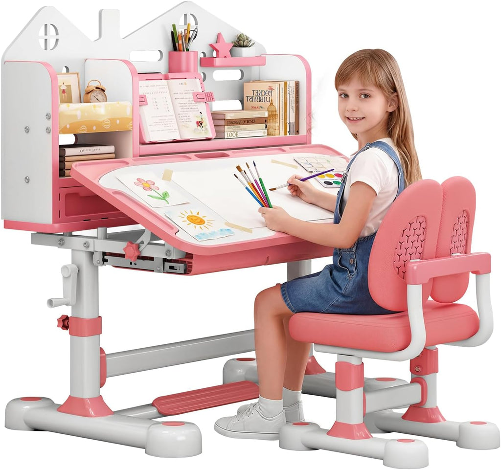 Kids Desk and Chair Set, Height Adjustable Study & Art Desk for Kids Ages 3-12, Easy Crank Adjustable Desk, 0-50° Tilting Desktop, Storage Drawer, Bookshelf, Ergonomic Chair (Pink)