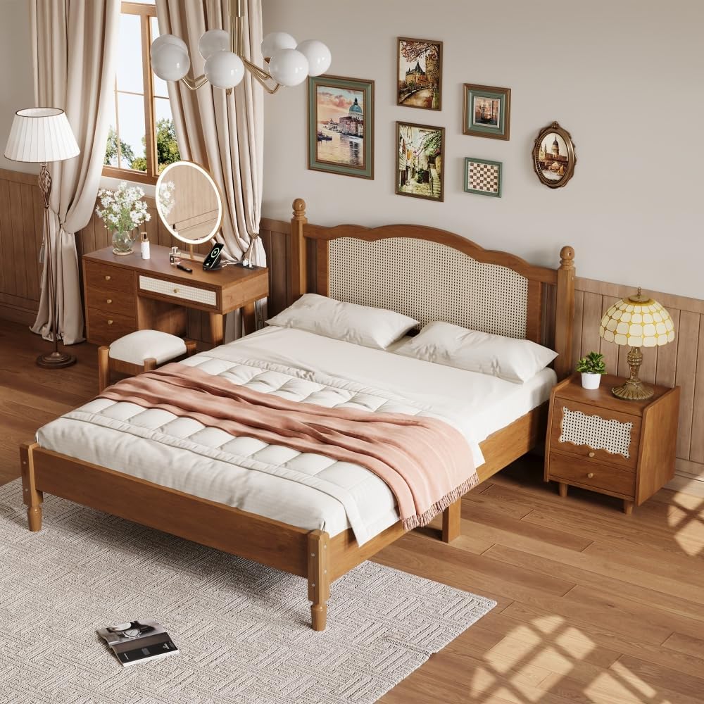 3 Pieces Bedroom Set with Full Size Wooden Bed Frame, 1 Vintage Nightstand and 1 Makeup Vanity Set with Stool,Black (Walnut + Wood + Queen + 3 Piece Set)