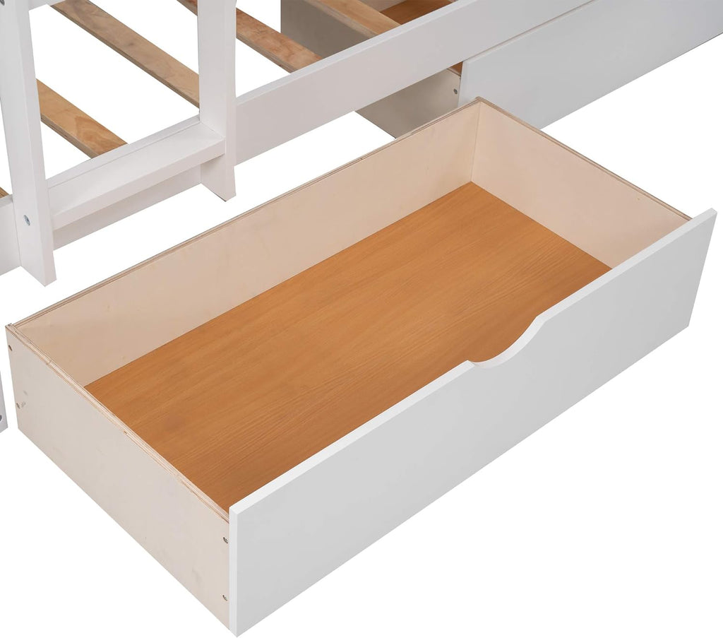Flieks Triple Bed Twin-Over-Twin-Over-Twin Bed L Shaped Bunk Bed with 2 Drawers and 2 Ladders, No Box Spring Needed