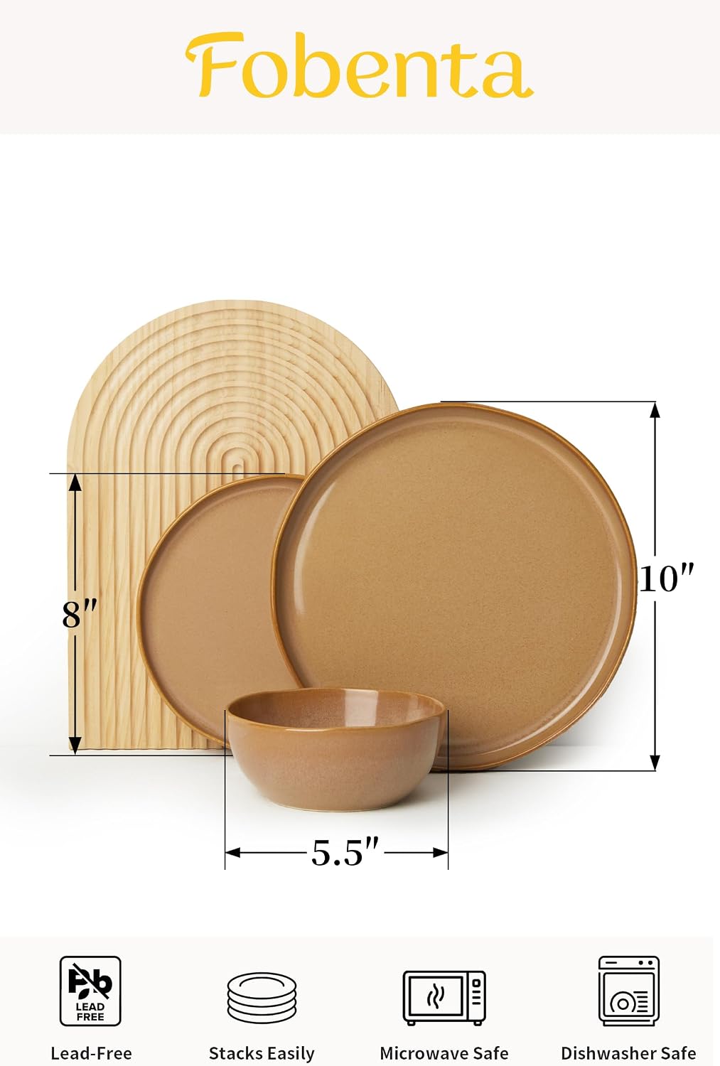 FOBENTA Handcrafted Dish Set for 8,24 Piece Rustic Brown Ceramic Plates and Bowls Set – Vintage-Inspired Dinnerware Sets for Hosting & Everyday Warmth