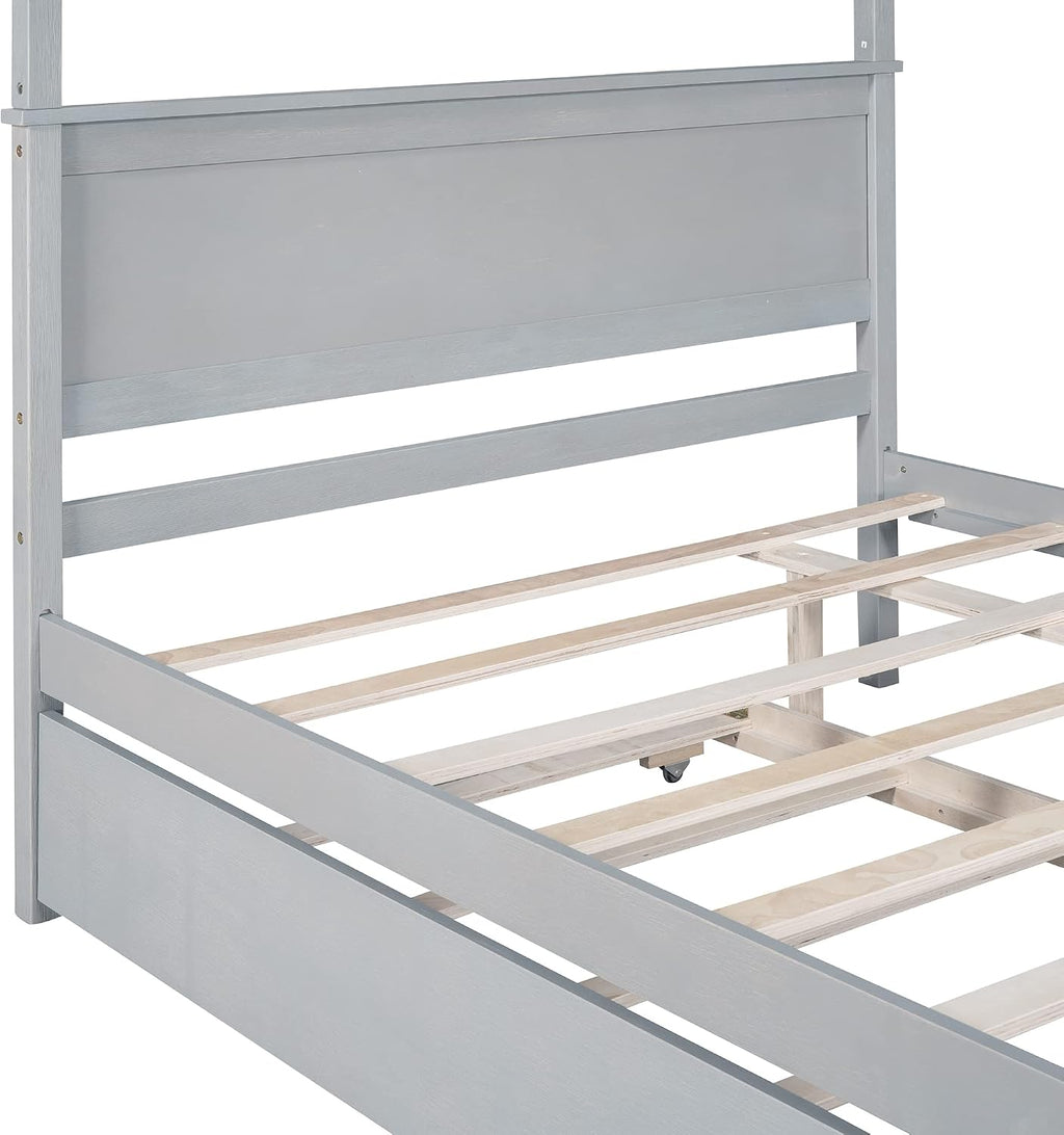 Full Size Wood Canopy Bed with Trundle Bed and Two Nightstand, Modern Bedroom Set for Kids Girls Boys Teens,Can Be Freely Decorated (Gray+Bedroom Set)