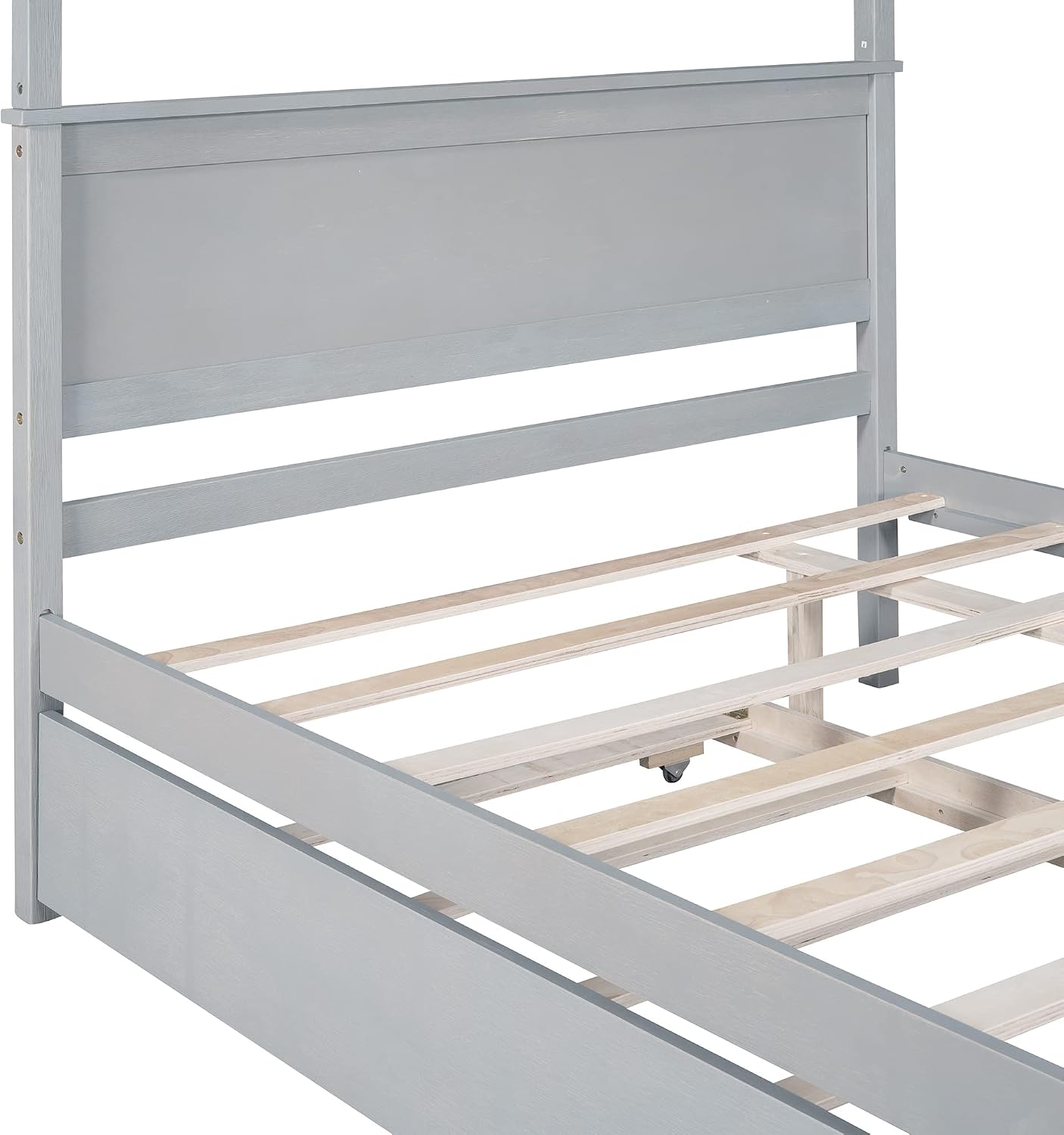 Full Size Wood Canopy Bed with Trundle Bed and Two Nightstand, Modern Bedroom Set for Kids Girls Boys Teens,Can Be Freely Decorated (Gray+Bedroom Set)