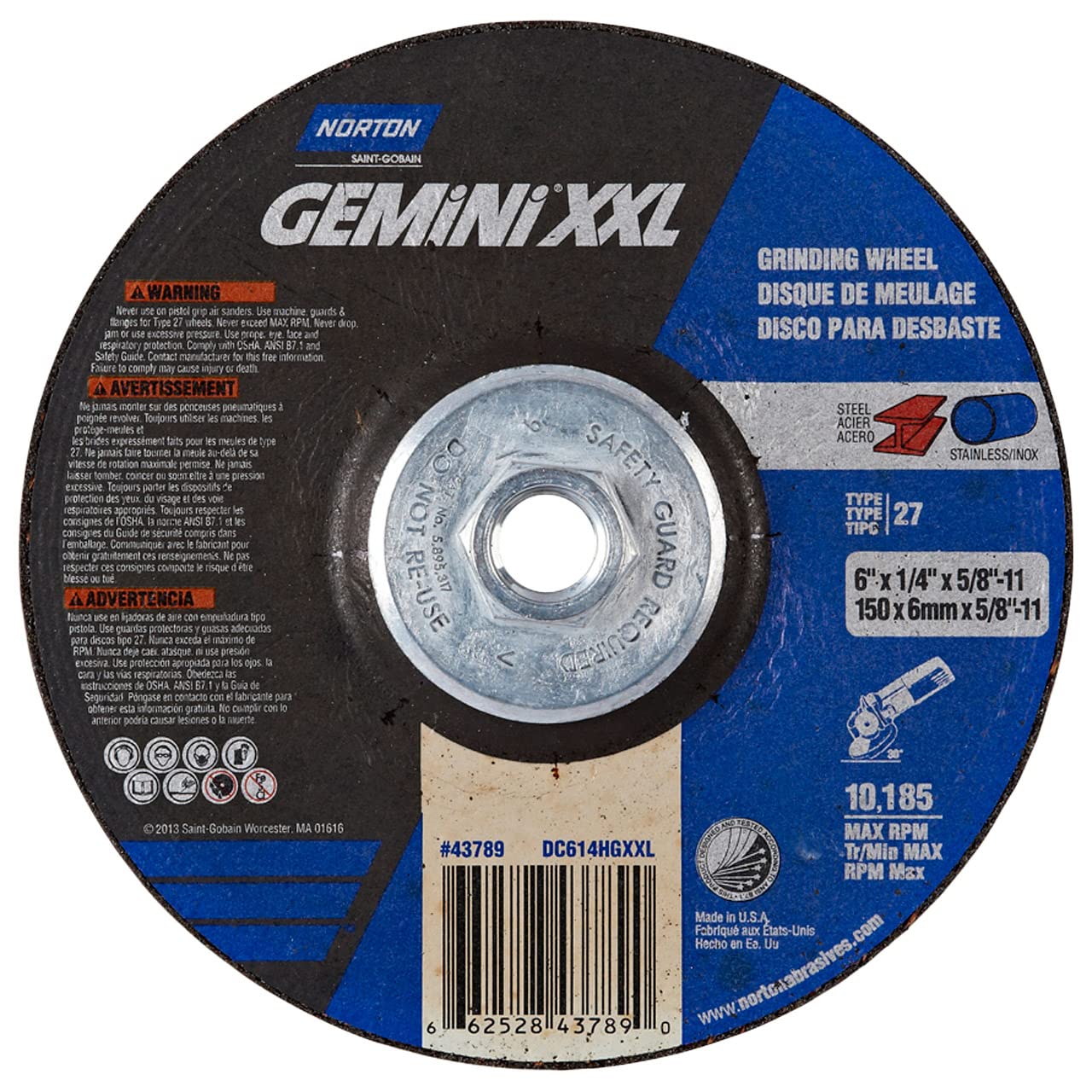 Norton 66252843789 6x1/4x5/8-11 in. Gemini XXL Ceramic Coated AO Grinding Wheels, Type 27, 24 Grit, 10 Pack