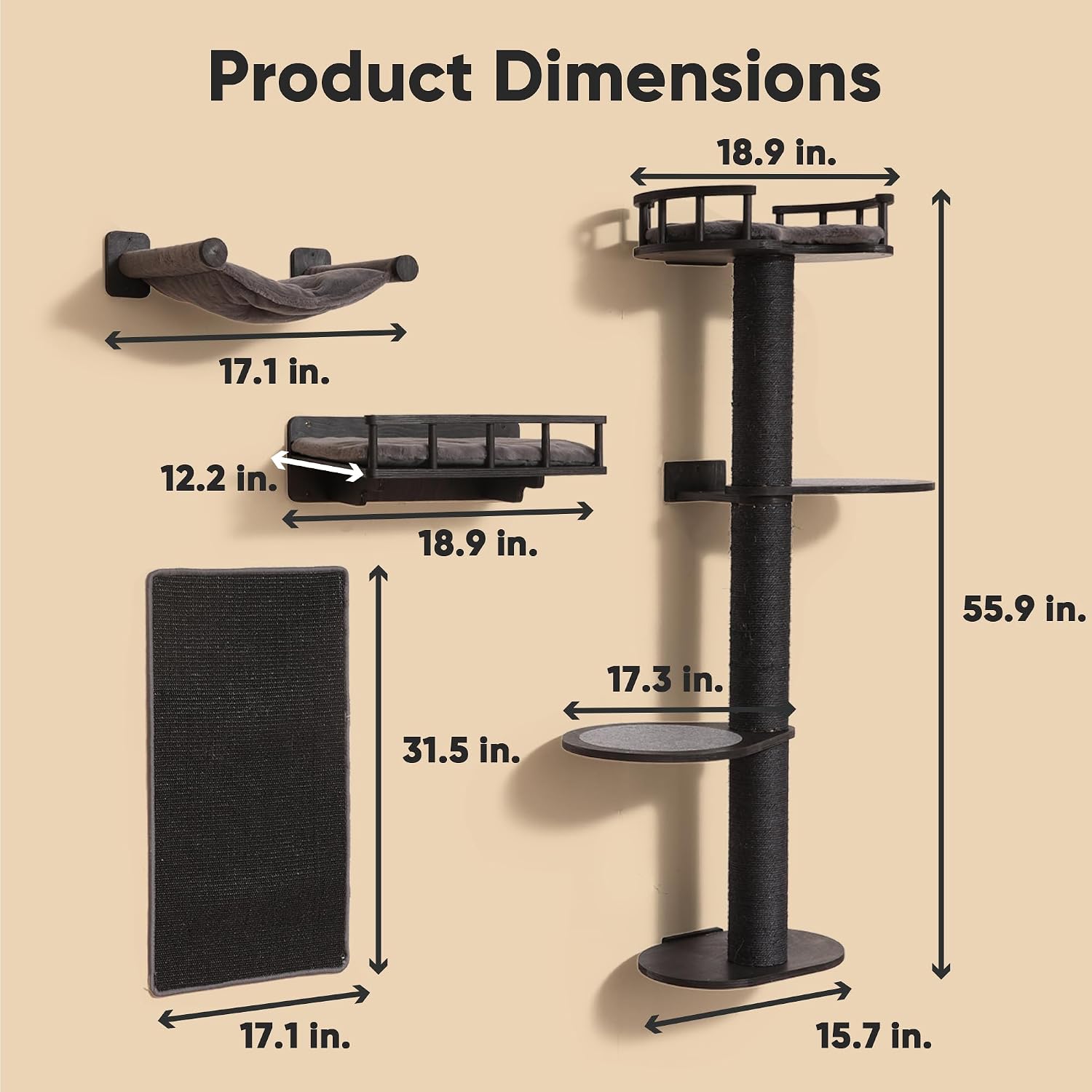 FUKUMARU Cat Wall Shelves, 4 in 1 Stable Wooden Wall-Mounted Furniture Set, Climbing Tree with Hammock, Bed, Perch and Scratching Mat (Black)