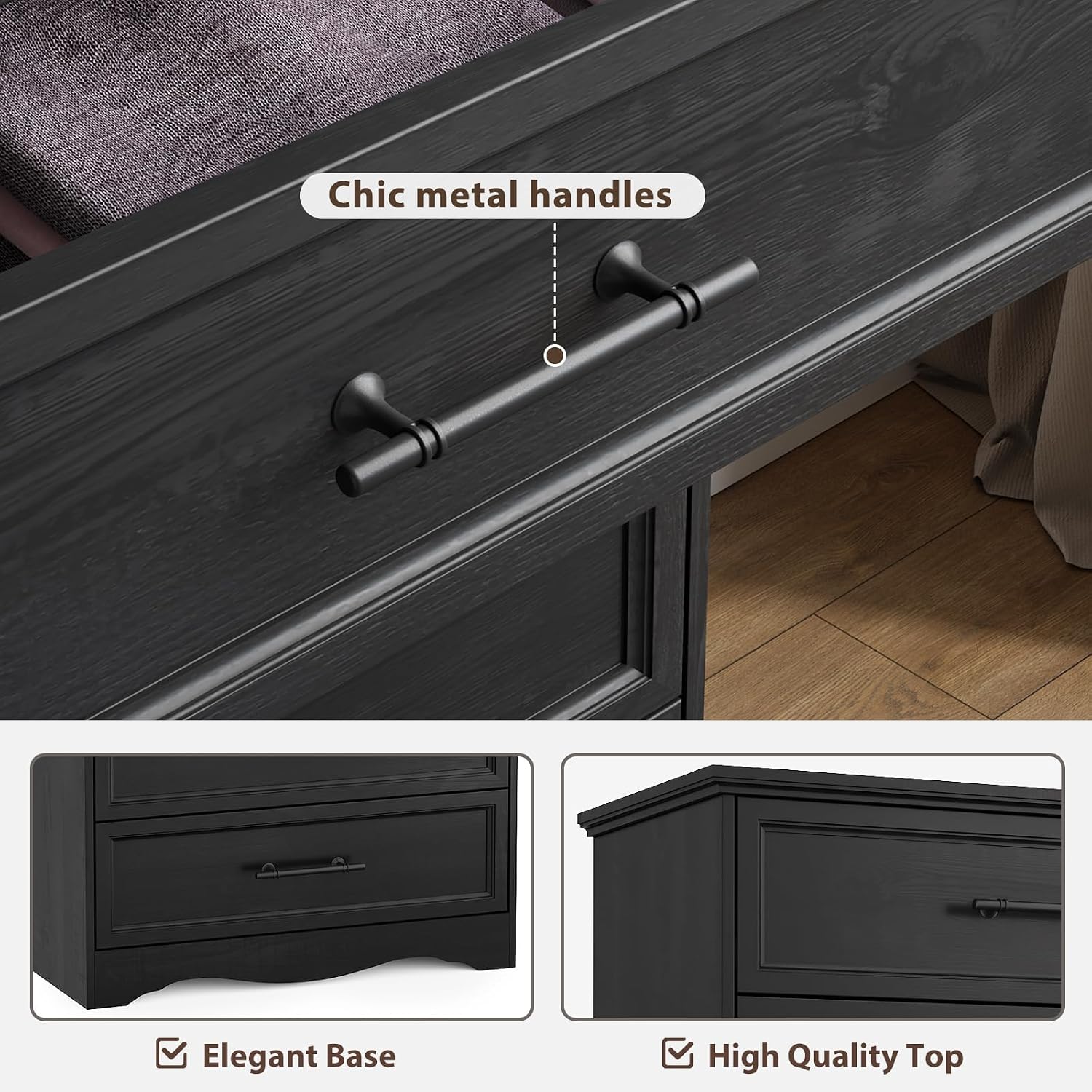 YANSNWO Black Farmhouse Dresser for Bedroom, Modern 6 Chest of Drawers, 44' Tall Chest of Drawers w/Brushed Metal Handle, Wood Closet Organizers and Storage Cabinet for Bedroom, Living Room, Hallway