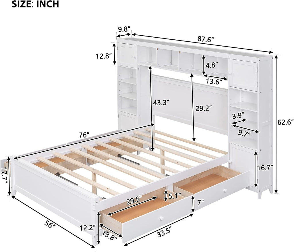 Merax Full Size Platform Bed with 4 Drawers, Wooden Full Bed with All-in-One Cabinet and Shelf, White