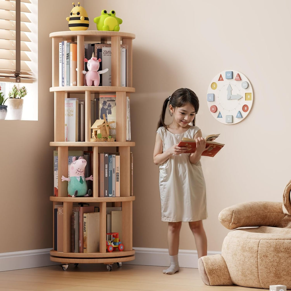 Muwuele Solid Wood Rotating Bookshelf on Wheels, 4 Tier, Round Revolving Bookcase, 360° Spinning Book Shelf Tower for Kids, Narrow Rolling Bookshelves for Small Space, Corner, Bedroom, Office, Natural