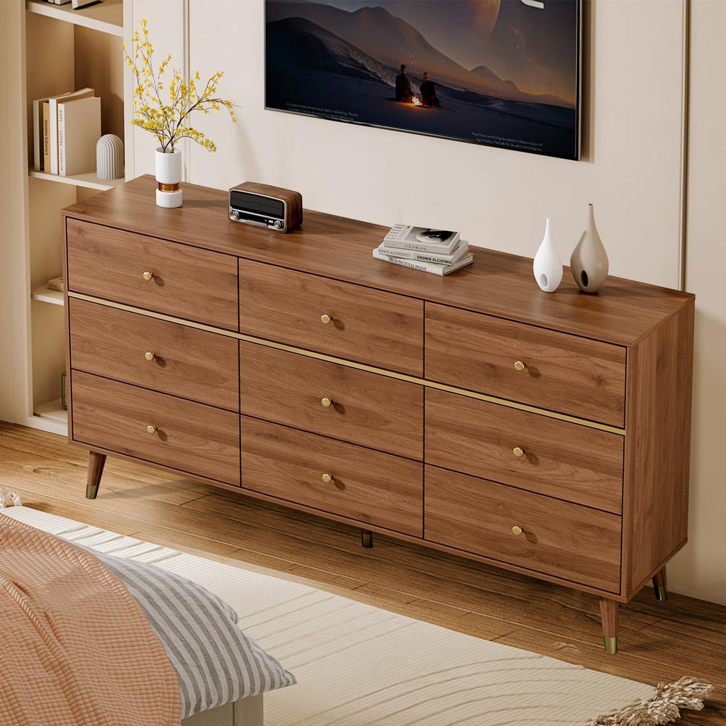 Chrangmay 9 Drawer Dresser,63' Wide Mid Century Modern Chest of Drawers,Wooden Bedroom Drawer Dresser with 9 Storage Drawers for Bedroom, Living Room,with Anti-Tipping Device,Brown