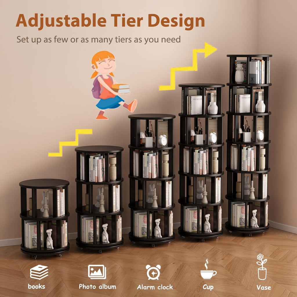 Muwuele Solid Wood Rotating Bookshelf on Wheels, 6 Tier, Round Revolving Bookcase, 360° Spinning Book Shelf Tower for Kids, Narrow Rolling Bookshelves for Small Space, Corner, Bedroom, Office, Black