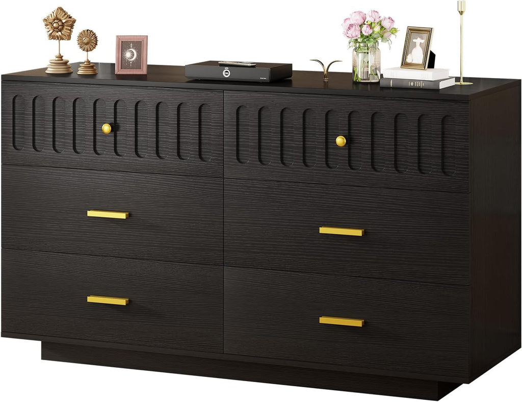 IBF Fluted Dresser with 6 Drawers for Bedroom, Large Wooden Chest of Drawers with Anti-Tipping Design for Men,Women, 54' Wide Modern Cloth Storage Dressers for Nursery,Closet,Living Room, Black Oak