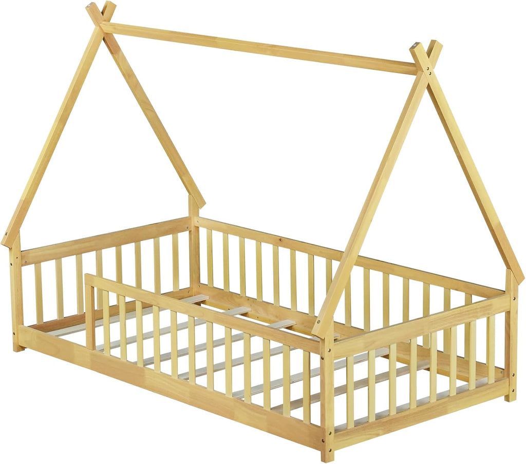 Twin Size Tent Floor Bed for Kids,Teepee Montessori Floor Bed with Fence and Slats for Girls Boys,Natural