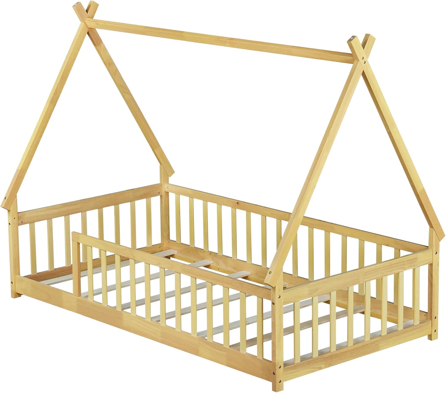 Twin Size Tent Floor Bed for Kids,Teepee Montessori Floor Bed with Fence and Slats for Girls Boys,Natural