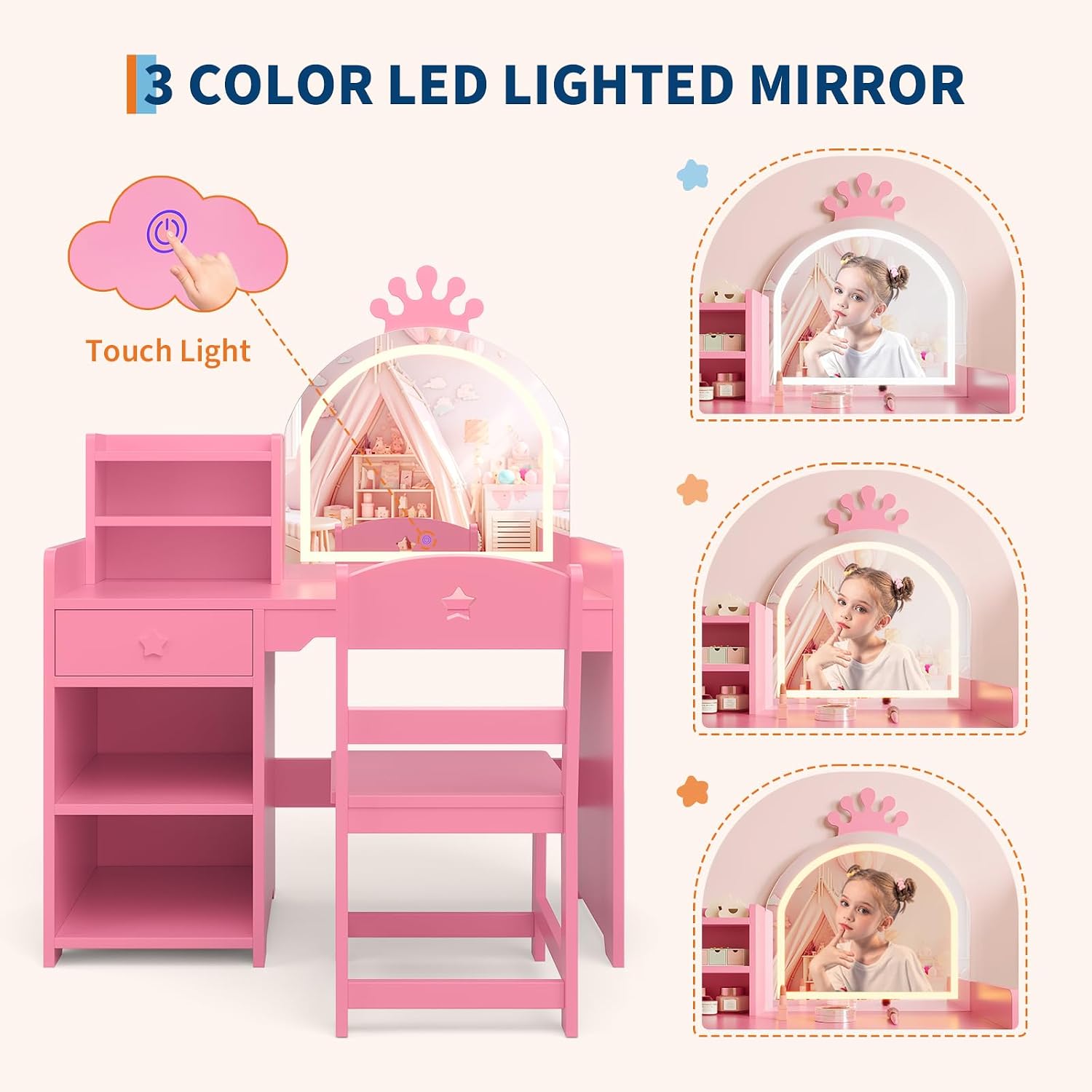 Garvee Kids Vanity with Lighted Mirror, 2 in 1 Princess Vanity Set Toddler Table & Chair Set with Open Bookshelf, Storage Cabinet & Shelves for Little Girls, Pink