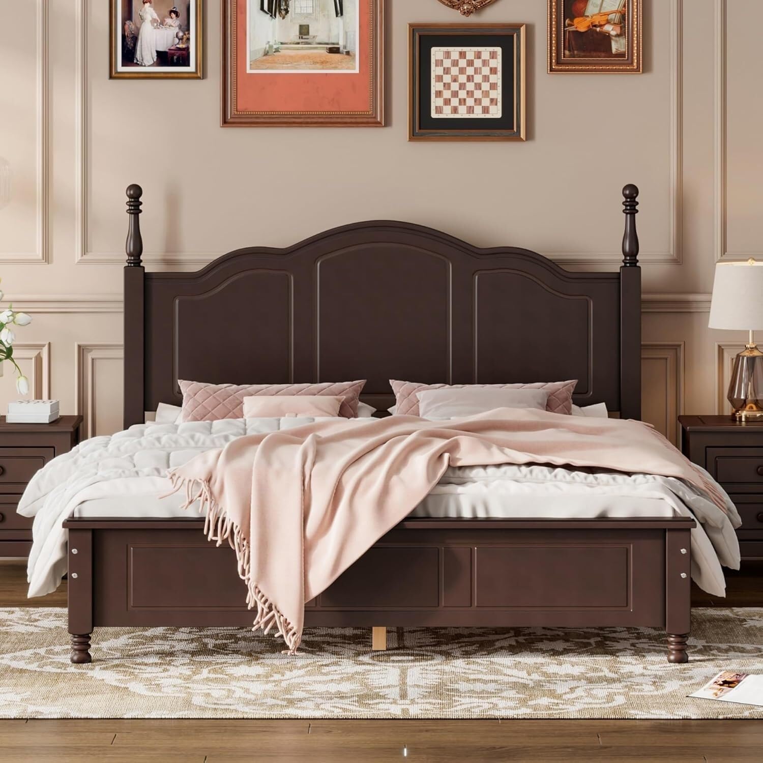 A Three-Piece Furniture Set, A Sturdy Wooden Bed with A Bedside Table, Suitable for A Family Setting(Dark Walnut(Queen))