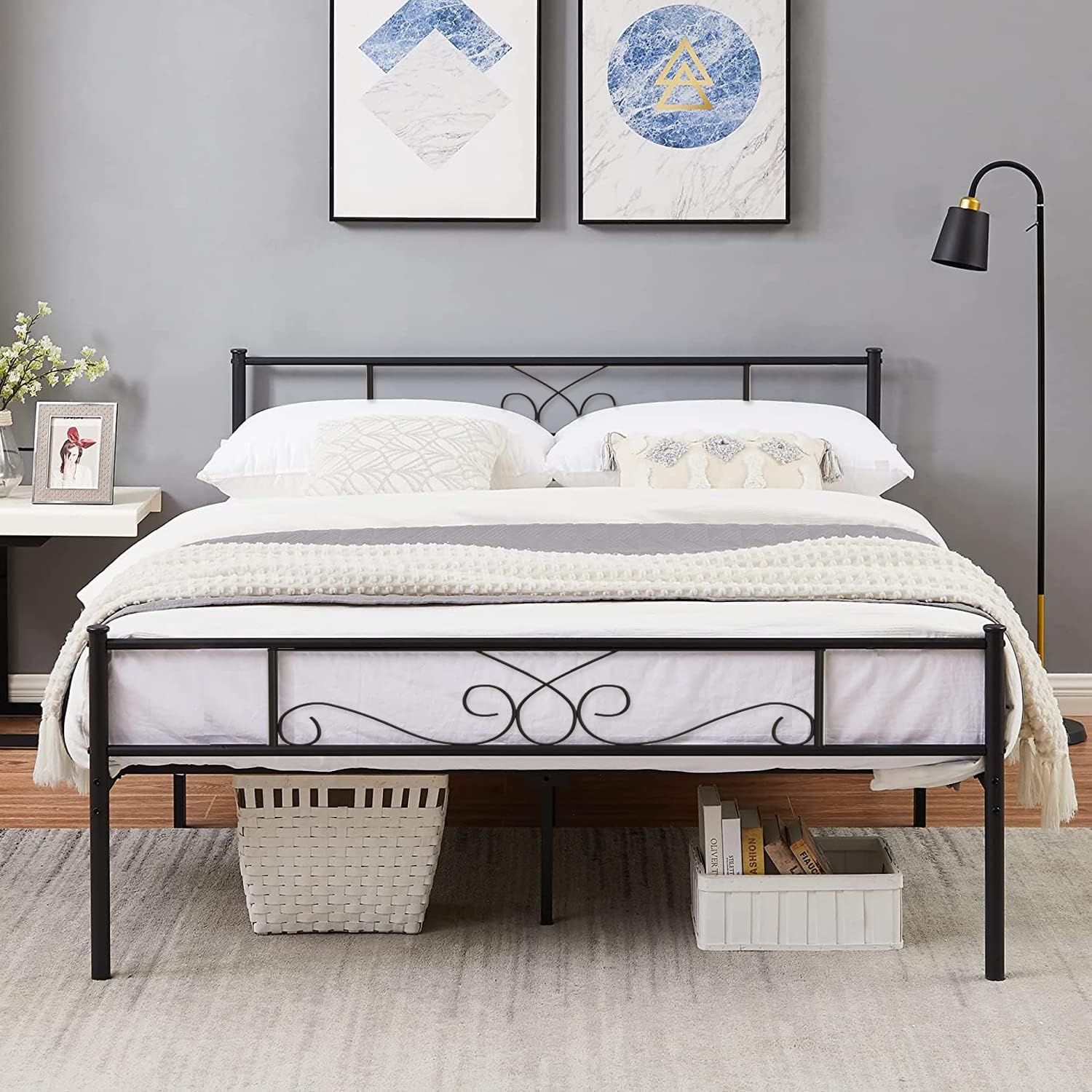 Weehom Bed Frame Queen Size with Headboard Under Storage 12 Inch Steel Slat Mattress Foundation Metal Bed for Boys Girls Adults No Box Spring Needed, Black