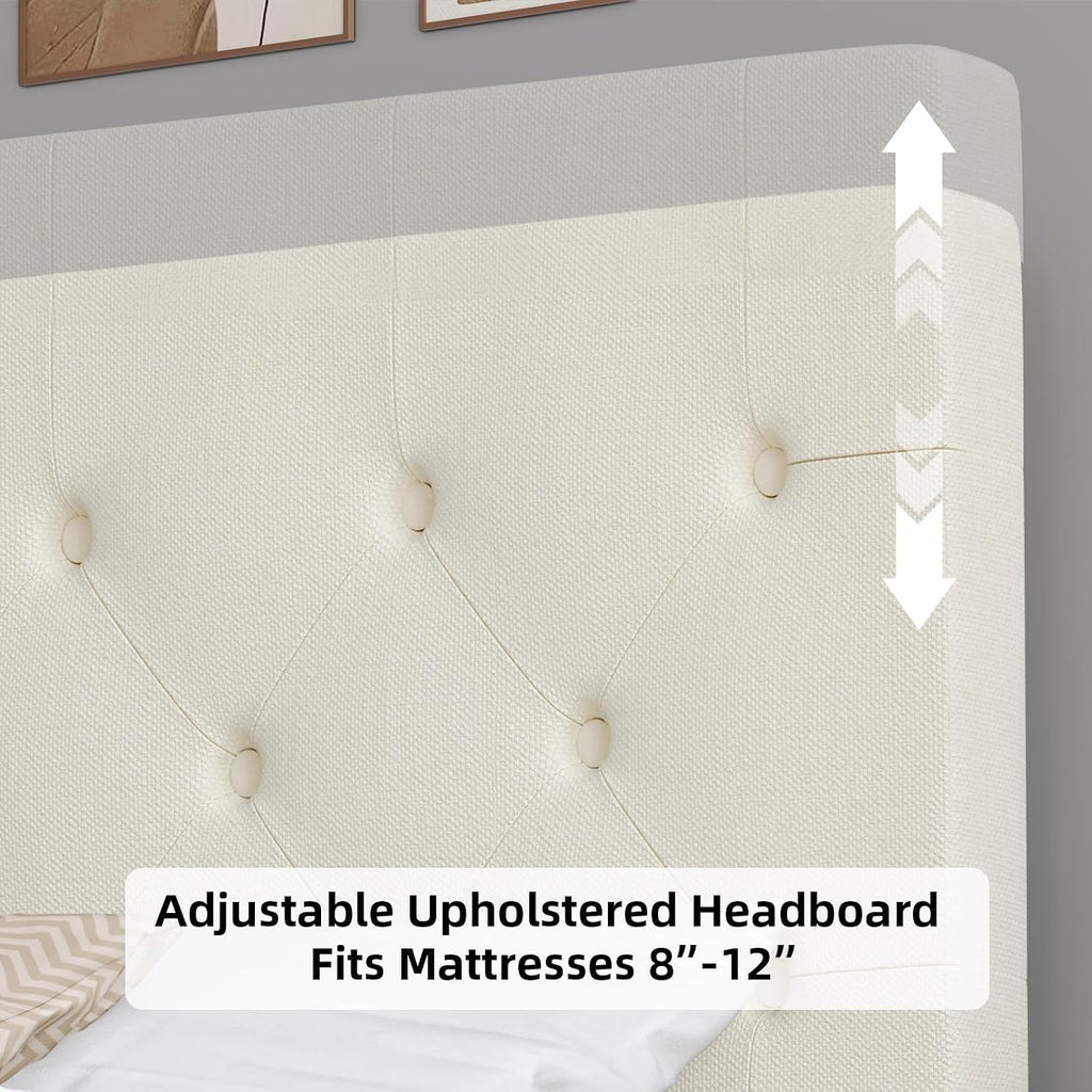 HOMBCK King Size Bed Frame, Linen Fabric Upholstered Bed Frame King Size with Headboard, Wood Slats Support, Button Tufted Design, No Box Spring Needed, Cream