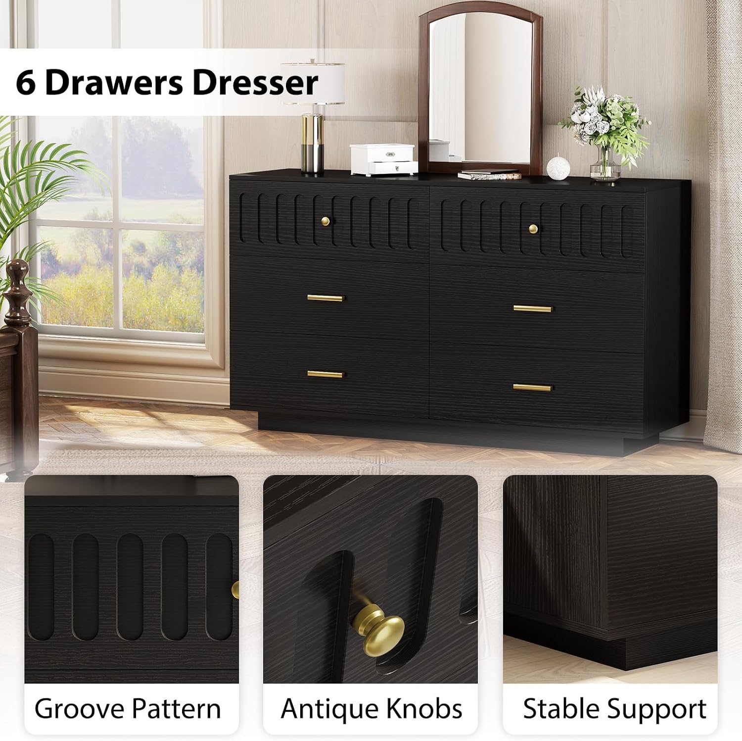 IBF Fluted Dresser with 6 Drawers for Bedroom, Large Wooden Chest of Drawers with Anti-Tipping Design for Men,Women, 54' Wide Modern Cloth Storage Dressers for Nursery,Closet,Living Room, Black Oak