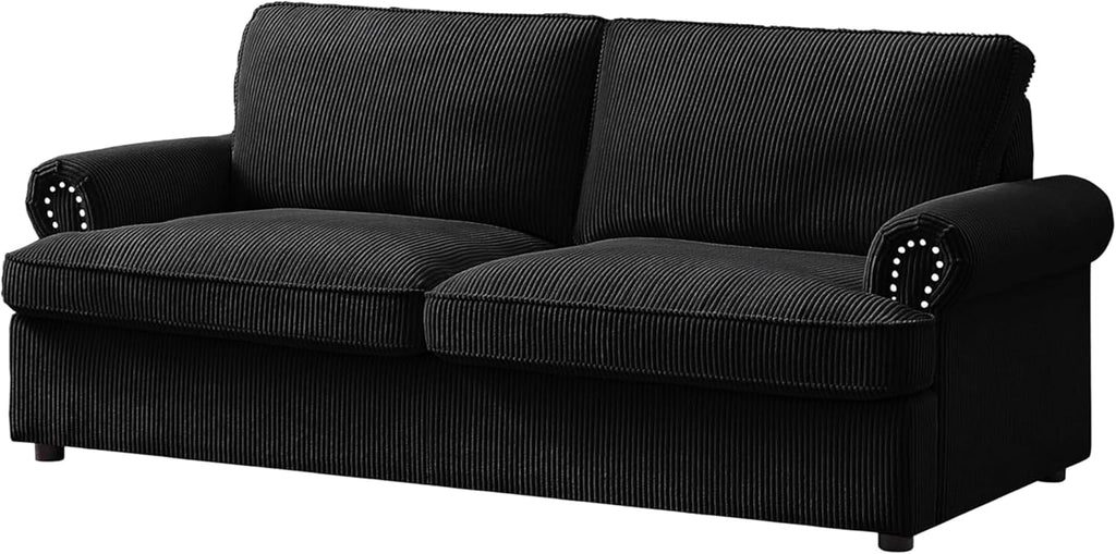 Reversible Sleeper Sofa Bed with Comfortable Memory Foam Mattress, Convertible Corduroy Full Size Pull Out Couch for Living Room, Space Saving Furniture, 76' Wide, Rounded Arms, Black
