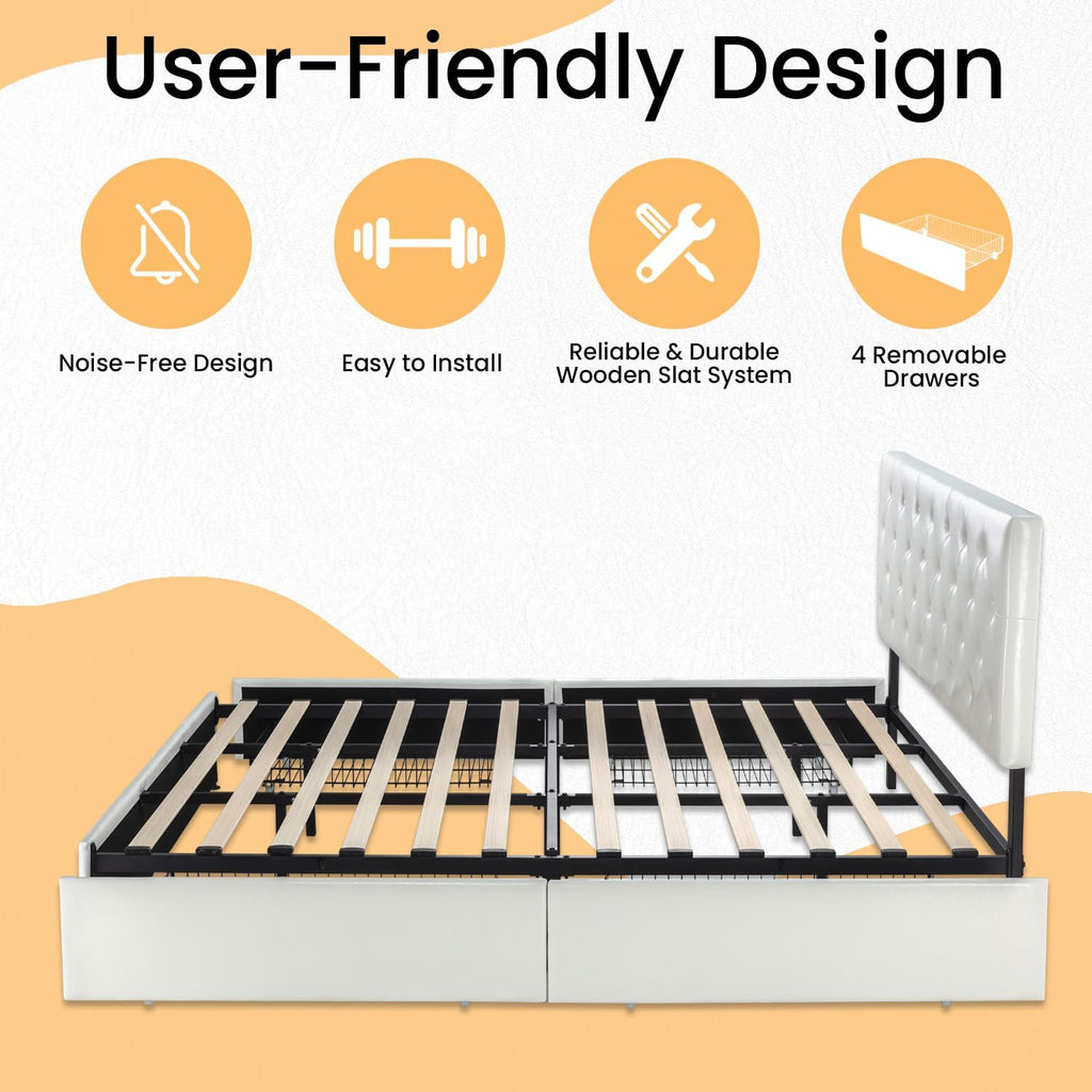 SHA CERLIN Upholstered King Platform Storage Bed Frame with 4 Drawers, Adjustable Headboard with Faux Leather Diamond Button Tufted Design, Wooden Slat Support, No Box Spring Needed, White