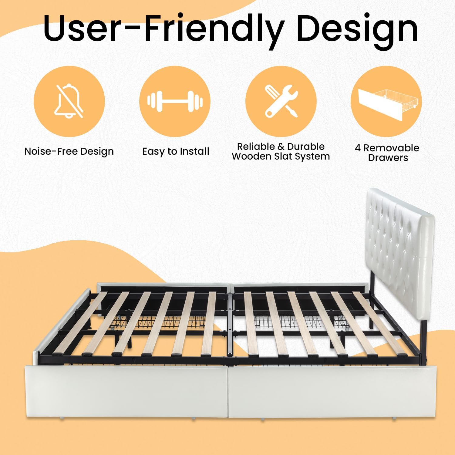 SHA CERLIN Upholstered King Platform Storage Bed Frame with 4 Drawers, Adjustable Headboard with Faux Leather Diamond Button Tufted Design, Wooden Slat Support, No Box Spring Needed, White