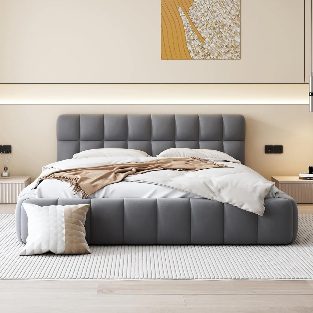 Queen Size Upholstered Platform Bed with Thick Fabric, Grounded Bed with Solid Frame,Wood Slat Support, No Box Spring Needed,Easy Assembly,Bedroom Set (C+Gray)