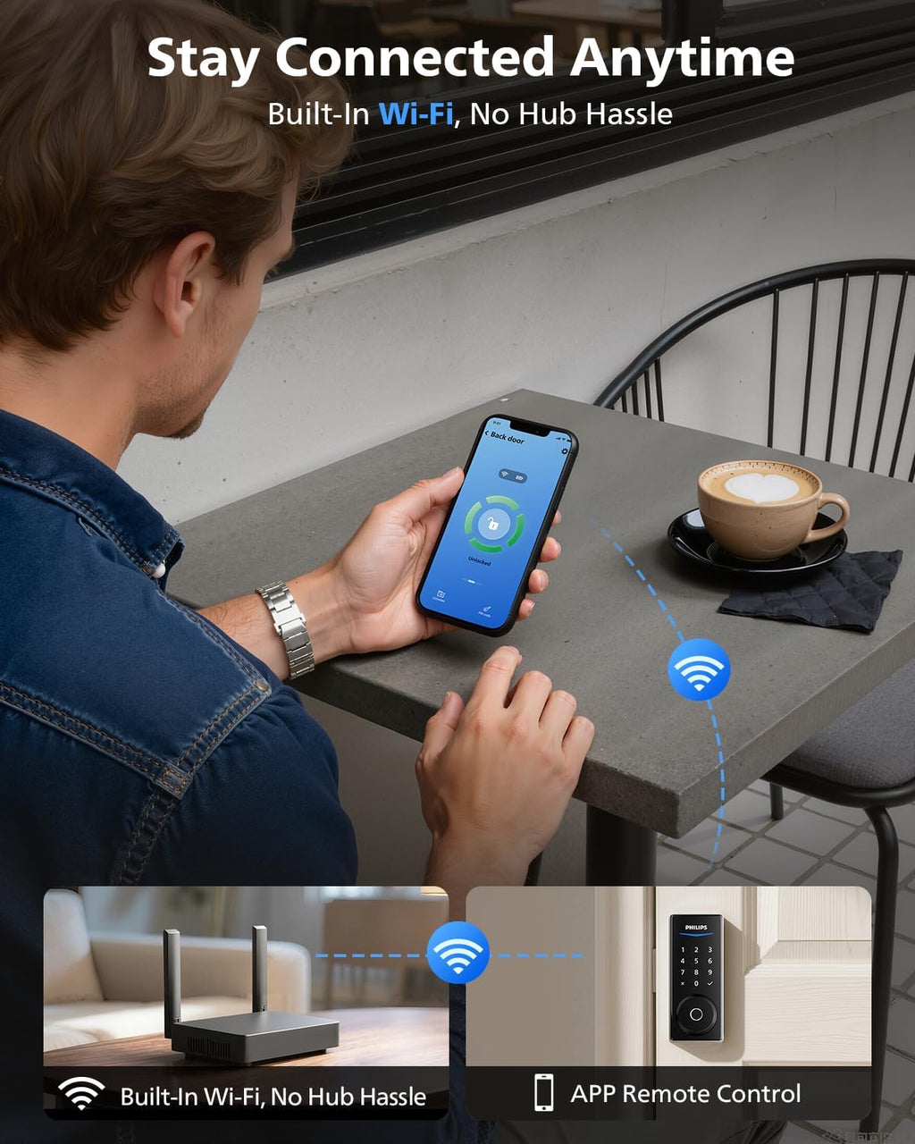 Philips Wi-Fi Smart Lock with Handles, Built-in WiFi Keyless Entry Front Door Lock Set, Keypad Deadbolt with Handle, App Fingerprint Code Unlock, Auto Locking, Remote Control & Voice Unlock, Nickel