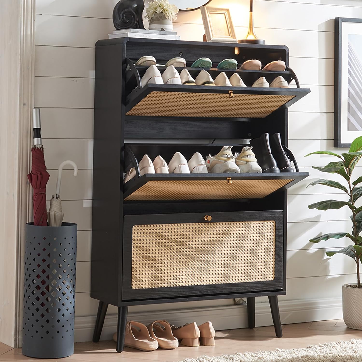 Storage Cabinet With 3 Flip Drawer Natural Rattan Shoe Organizer Freestanding Wooden Rack With Metal Legs for Entryway Hallway Bedroom Mudroom (Black)