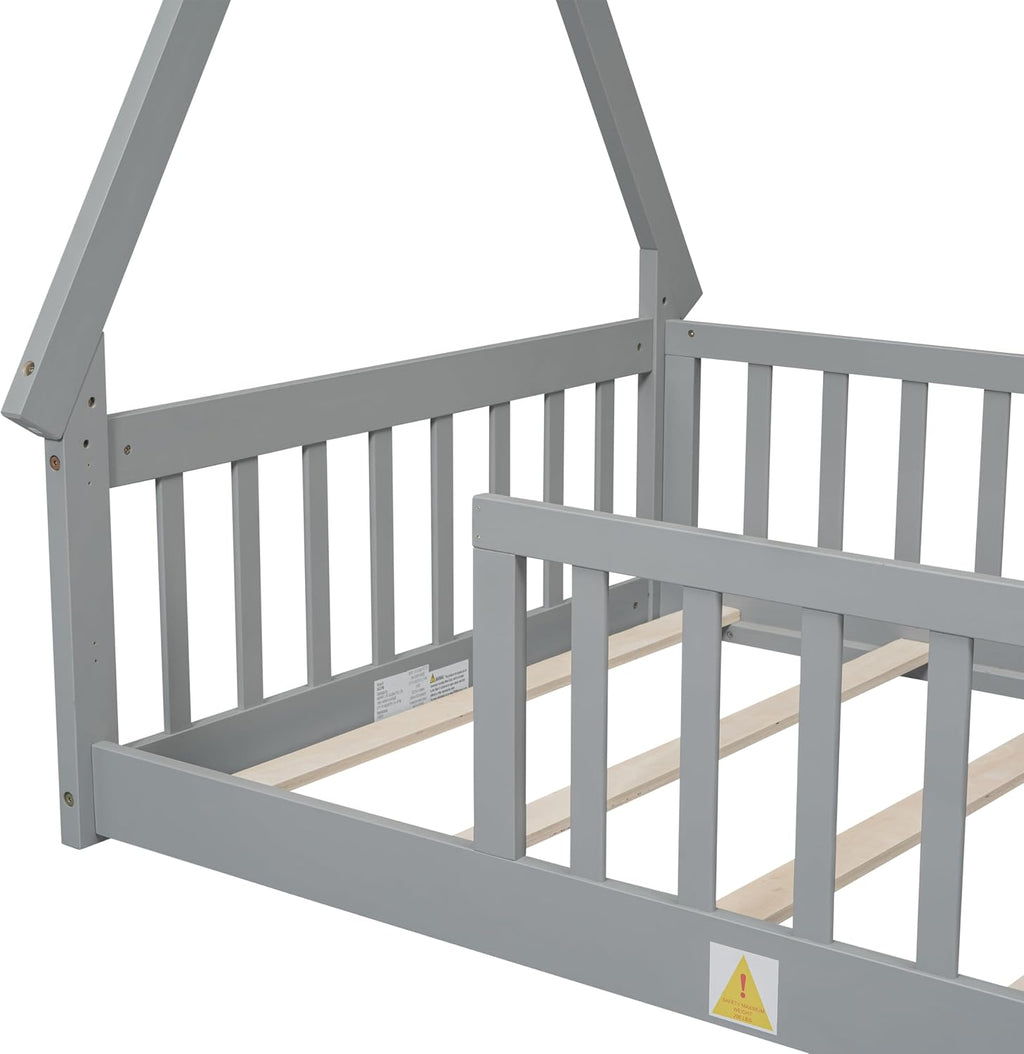 Twin Size Tent Floor Bed for Kids,Montessori Floor Bed with Fence，Floor Bed Frame Twin Size,Teepee Bed with Slats for Girls Boys,Grey