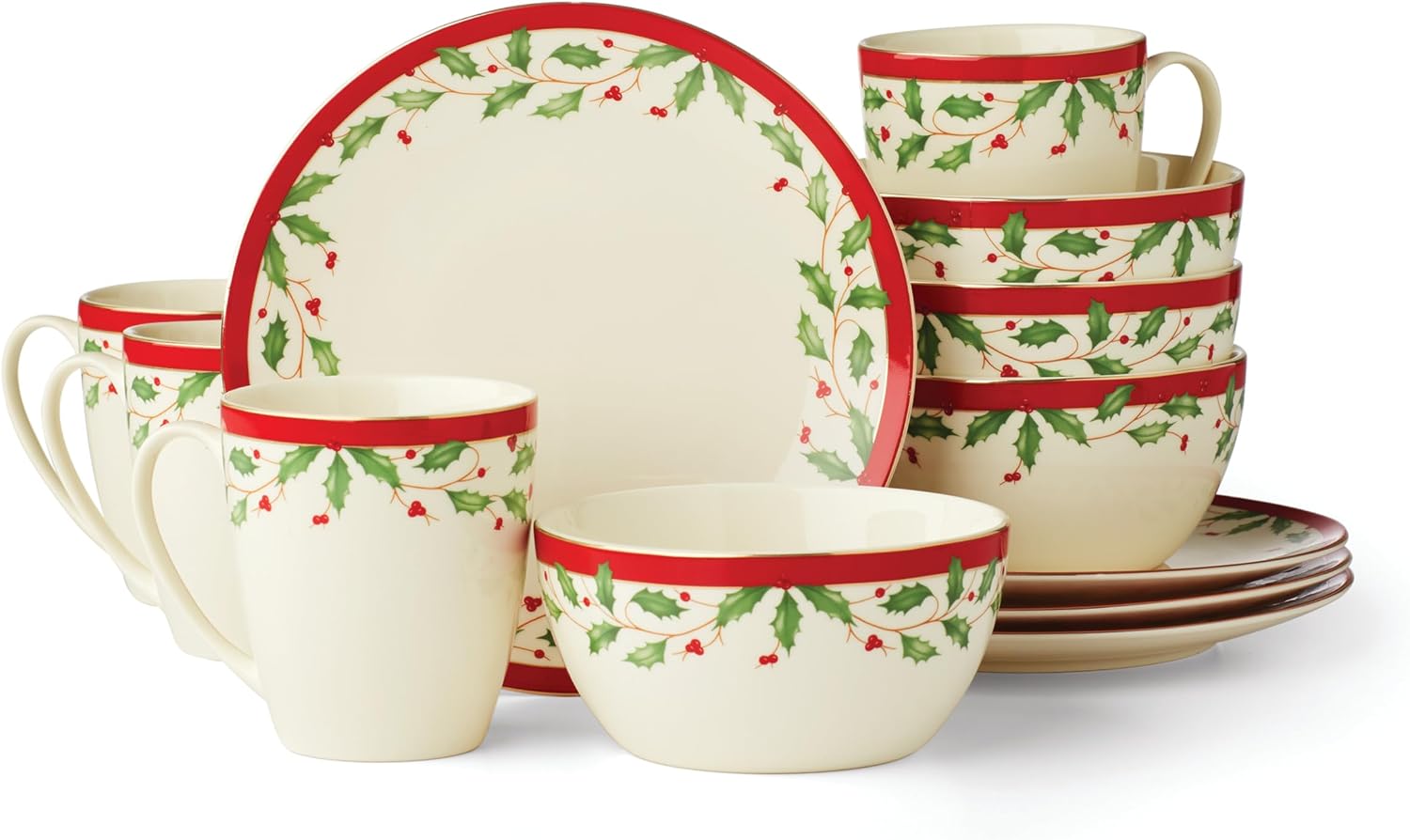Lenox 894585 Holiday 12-Piece Dessert Set, Red & Green, 12 Count, Christmas Dinnerware, Hosting