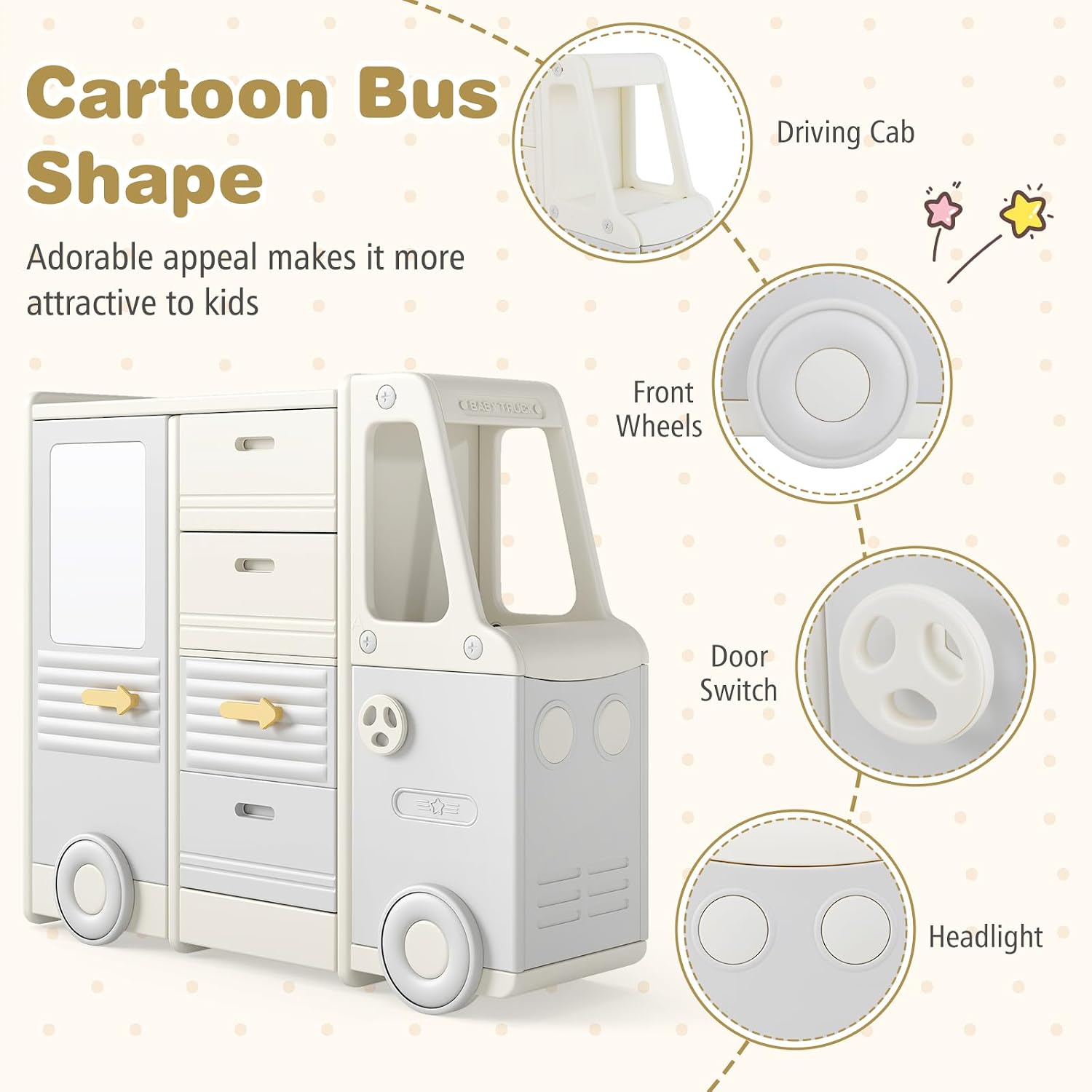 HONEY JOY Kids Toy Storage Organizer, Bus-Shaped Children Cabinet w/ 4 Pull-Out Drawers with Handles, Large & Small Cabinets, Spacious Countertop, Storage Organizer for Playroom, Classroom, Daycare