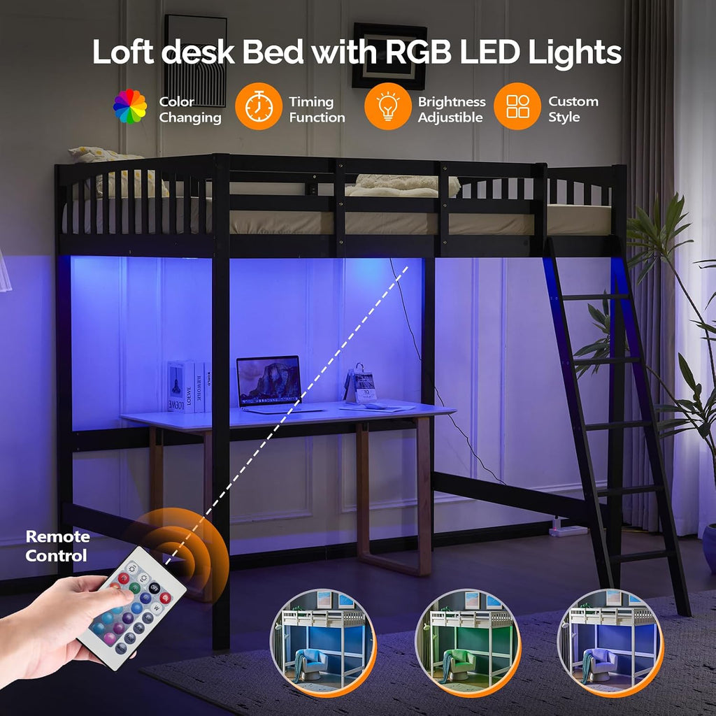 VINGLI Loft Bed Full Size with 15 inches Guardrail/USB Charging Station/LED, Solid Wood Double High Sleeper with Flat Rungs for Kids/Teens/Adults,No Box Spring Needed, Black