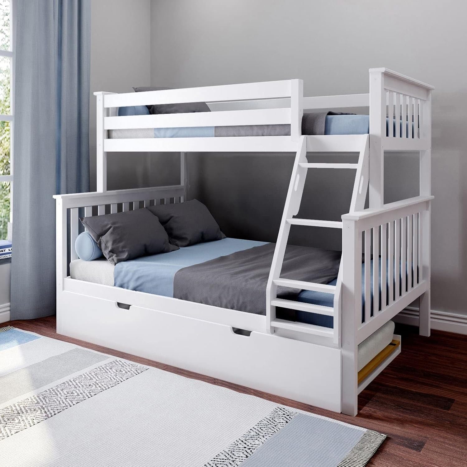 Max & Lily Bunk Bed, Twin-Over-Full Bed Frame for Kids with Trundle, Walnut