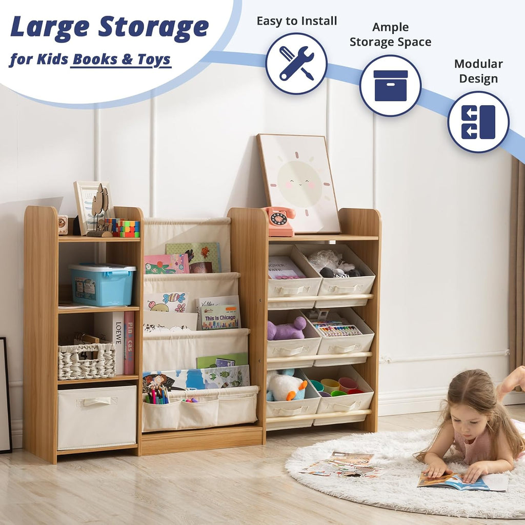 IKALIFE Kids Toy Book Storage Organizer - Large Bookshelf with 7 Removable Bins, Baby Bookshelf and Toy Storage, 4-Tier Book Shelf for Kids Room, Playroom, Classroom, 51 inch, Burlywood
