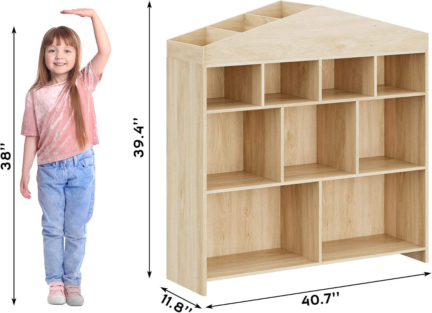 IDEALHOUSE Toy Storage Organizer 9-Cubby Kids Bookshelf 40.7in Width Bookcase Toddlers Playhouse Cabinet Shelf for Boys Girls Wooden Cubby Storage Toy Shelf for Playroom, Nursery, Kids Room