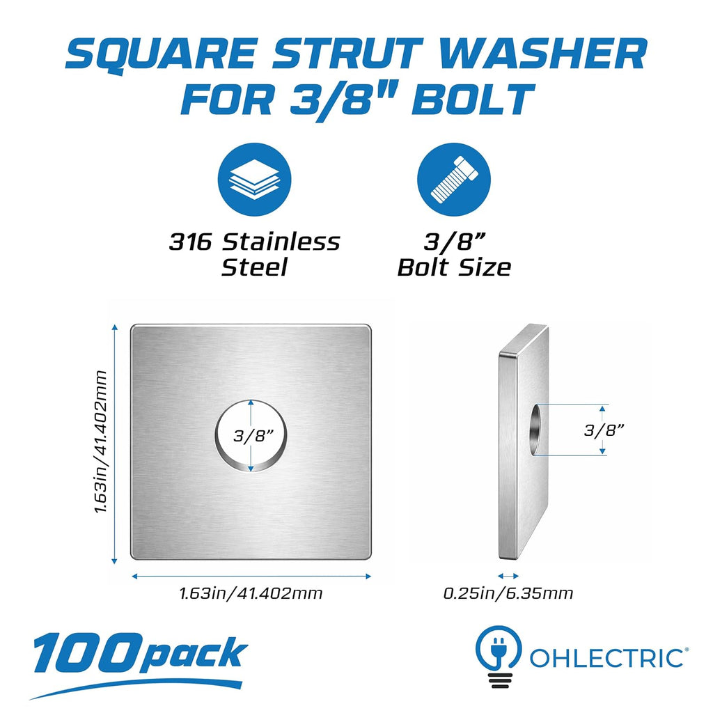 OHLECTRIC 3/8 Inch Bolt Square Strut Washer (100 Pack) Heavy Duty 1-5/8' Square, 1/4' Thick Strut Channel Washer - Zinc Plated - Corrosion Resistant Hardware for Threaded Rod