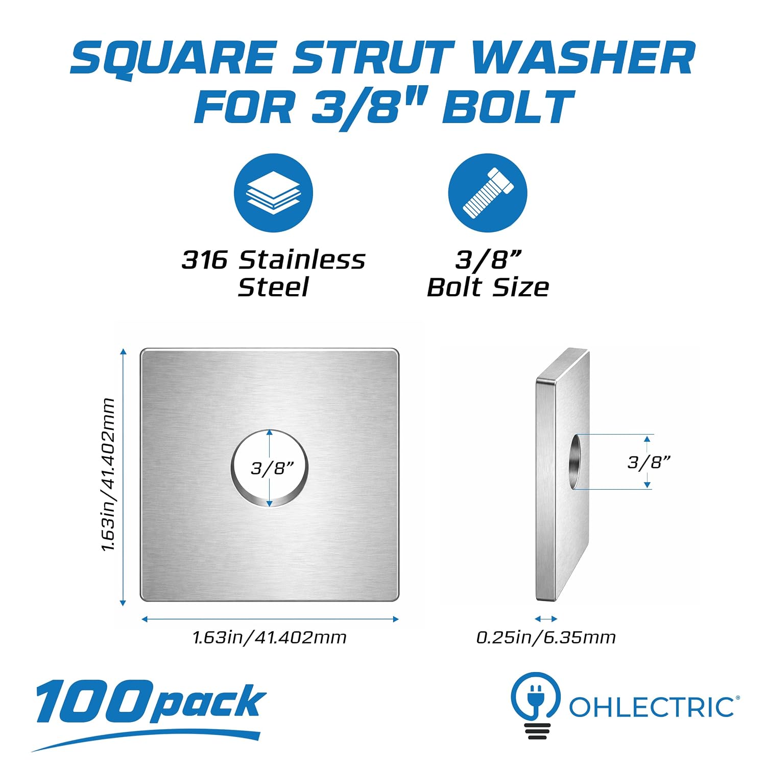 OHLECTRIC 3/8 Inch Bolt Square Strut Washer (100 Pack) Heavy Duty 1-5/8' Square, 1/4' Thick Strut Channel Washer - Zinc Plated - Corrosion Resistant Hardware for Threaded Rod