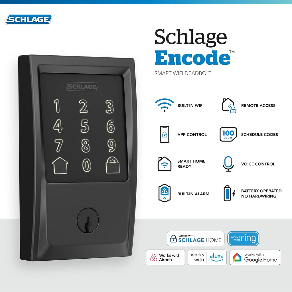 Schlage Encode Smart WiFi Deadbolt Lock with Greenwich Trim, Matte Black | Keyless entry door lock, Touchscreen keypad, App control, Alexa, Google Home, Ring & Airbnb compatible, Certified security