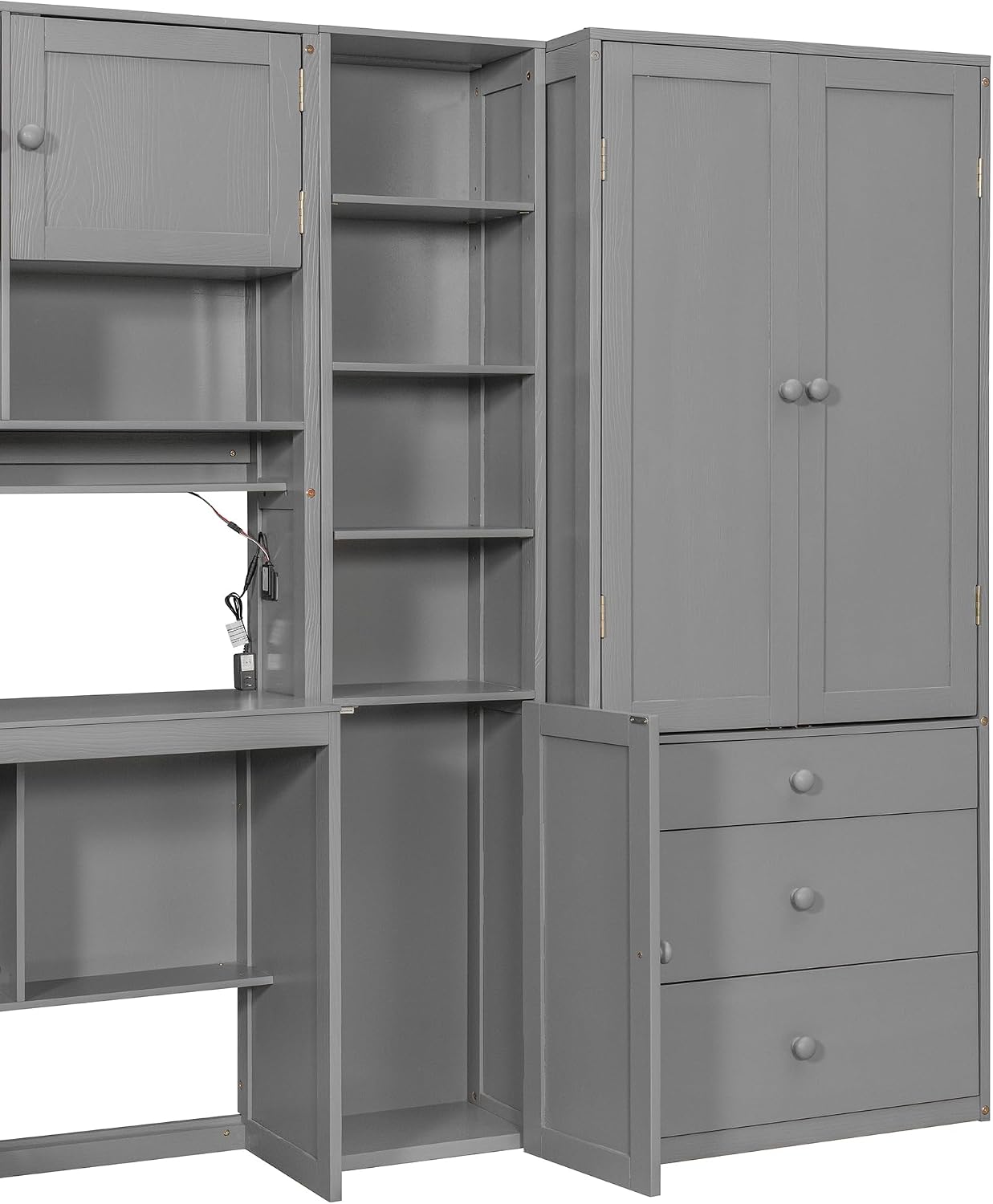 Multifunctional Design Twin Size Platform Bed with All-in-One Vertical Cabinet Bookcase and Desk, Solid Wood Platform Bed Frame with Storage Headboard, Drawers and Shelves (Gray-1.2)