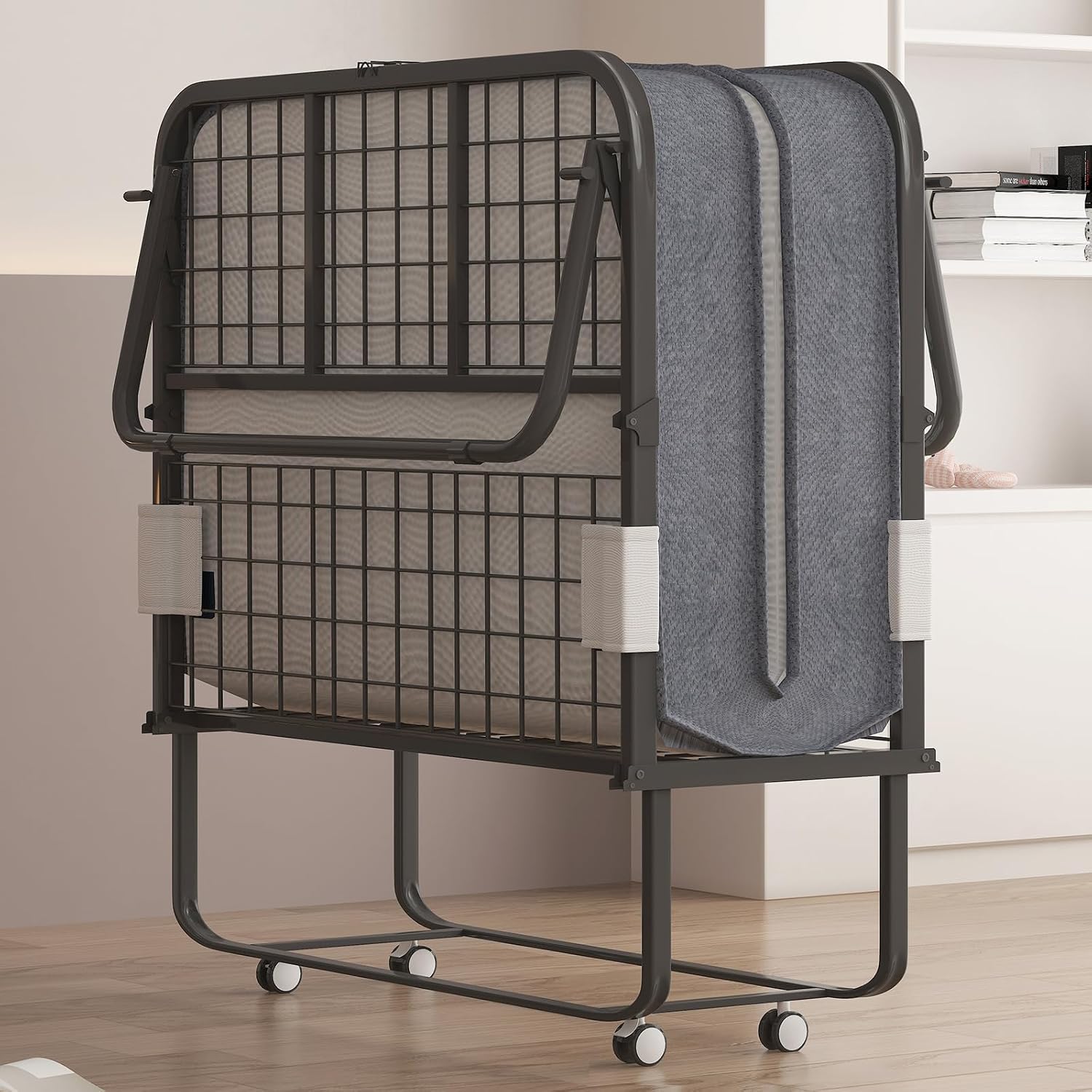 PUREMIND Folding Bed with 4 Inches Mattress, Portable Rollaway Guest Beds for Adults with Metal Frame & Swivel Wheels, Twin Size Foldable Bed Fold Away Beds Space Saving