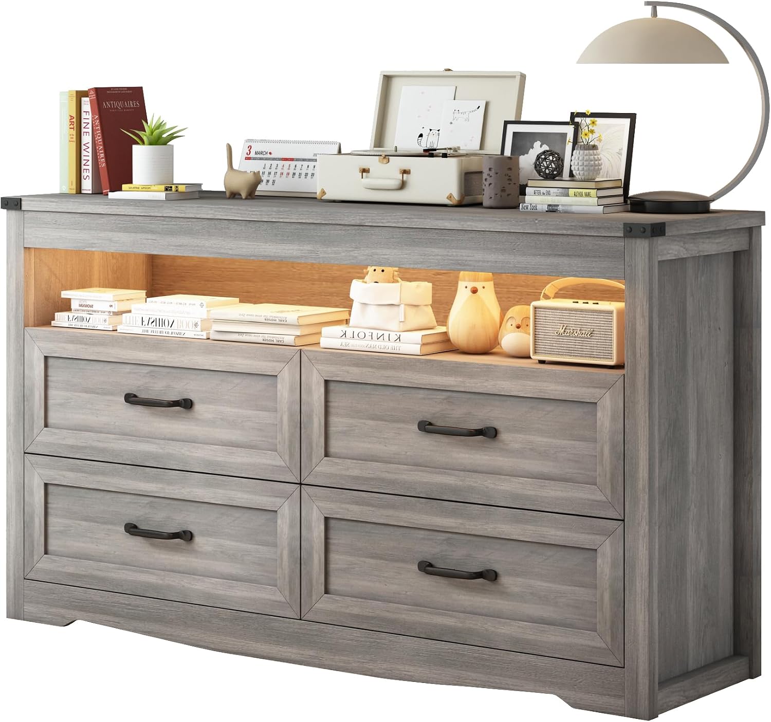 Wodeer Grey Dresser for Bedroom, Wooden 4 Drawer Dresser with LED Light, Dressers & Chests of Drawers with Metal Handles, Storage and Organization for Bedroom, Hallway, Entryway, Gray