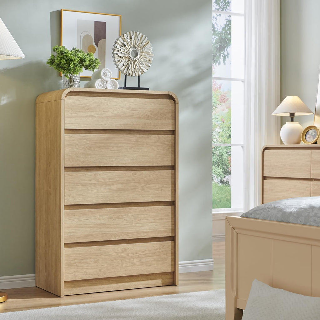 Aitjunz Modern 5 Drawers Dresser for Bedroom, 45' Tall Dressers & Chests of Drawers w/Curved Profile Design, Wood Mid Century Vertical Dresser w/Natural Texture for Bedroom, Living Room, Natural Oak