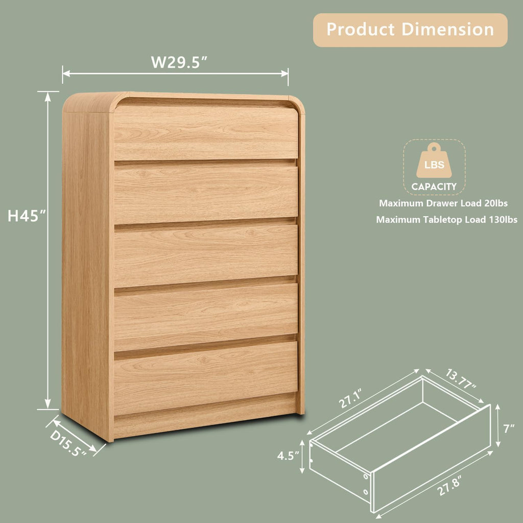 Aitjunz Modern 5 Drawers Dresser for Bedroom, 45' Tall Dressers & Chests of Drawers w/Curved Profile Design, Wood Mid Century Vertical Dresser w/Natural Texture for Bedroom, Living Room, Natural Oak