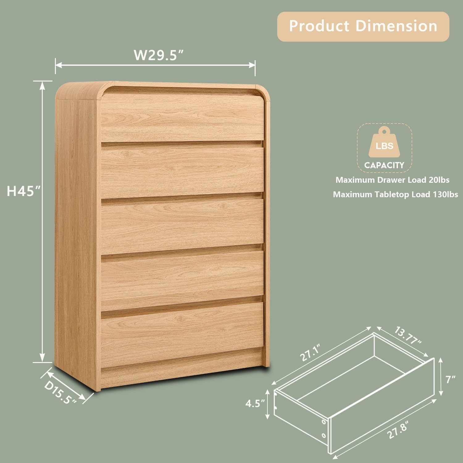 Aitjunz Modern 5 Drawers Dresser for Bedroom, 45' Tall Dressers & Chests of Drawers w/Curved Profile Design, Wood Mid Century Vertical Dresser w/Natural Texture for Bedroom, Living Room, Natural Oak