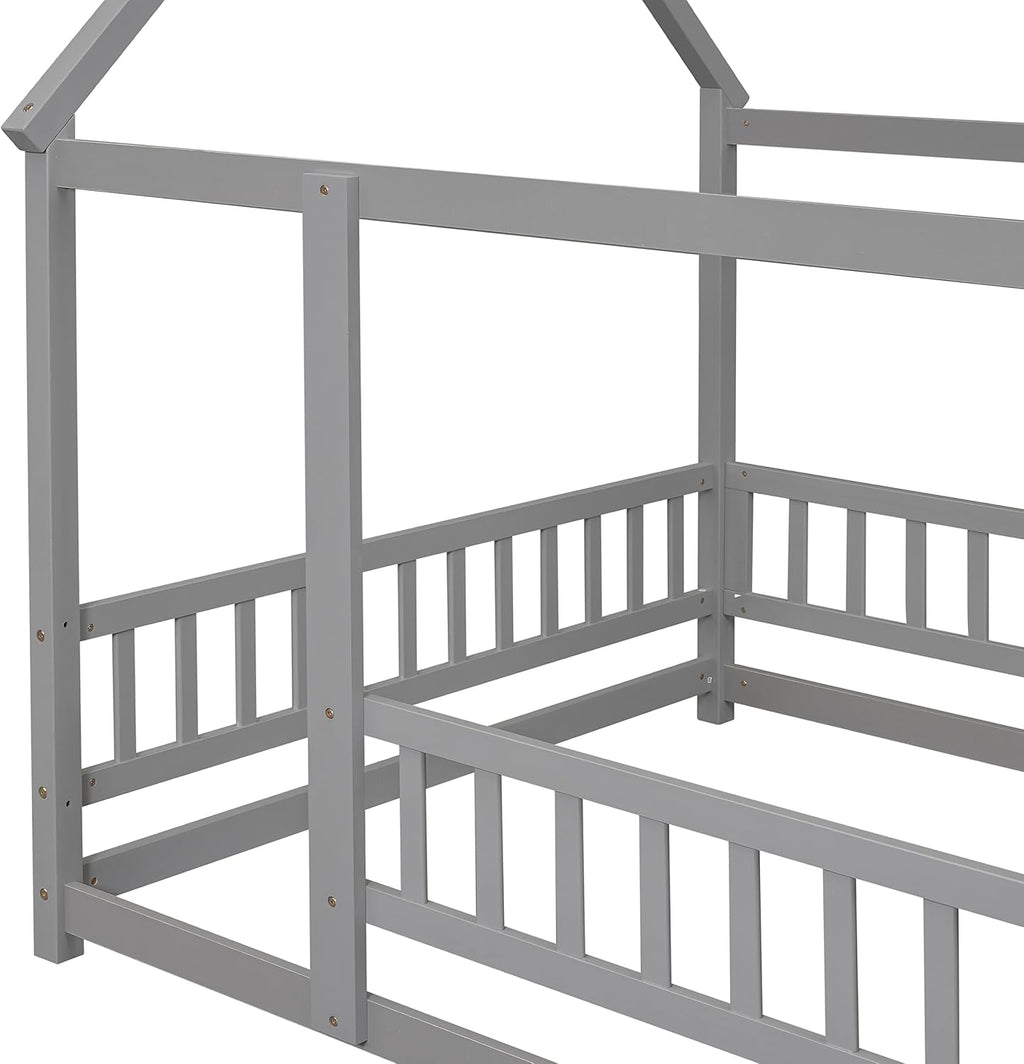 Bellemave Full Size House Floor Bed,Wooden Montessori Bed with Fence and Roof for Kids,Playhouse Full Bed Frame for Girls,Boys(Full,Gray)