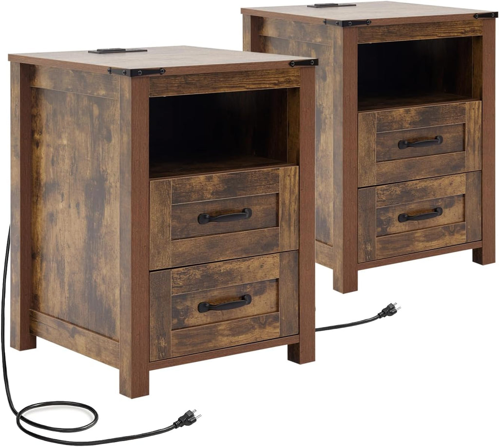 Farmhouse Night Stand Set of 2, Rustic Brown Nightstand for Bedroom, End Tables with Charging Station, Bedside Table with Drawers, Wood Bedside Cabinet Dresser