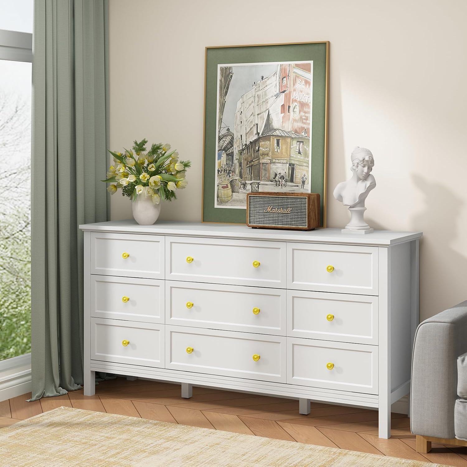 CARPETNAL 9 Drawer White Dresser for Bedroom with Deep Drawers, Large Dressers & Chest of Drawers With Gold Handle, Modern Long Dressers for Closet Bedroom, Living Room (59.25' W x 15.75' D x 30.9' H)