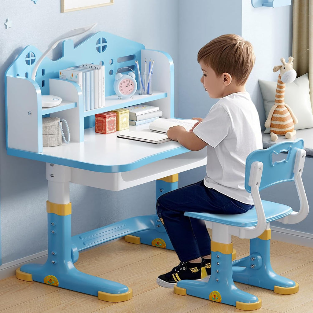 Kids Desk and Chair Set, Height Adjustable Child's School Study Writing Tables, Kids Desk with Bookstand and Storage Drawer, Widened Desktop with Desktop for Boys and Girls